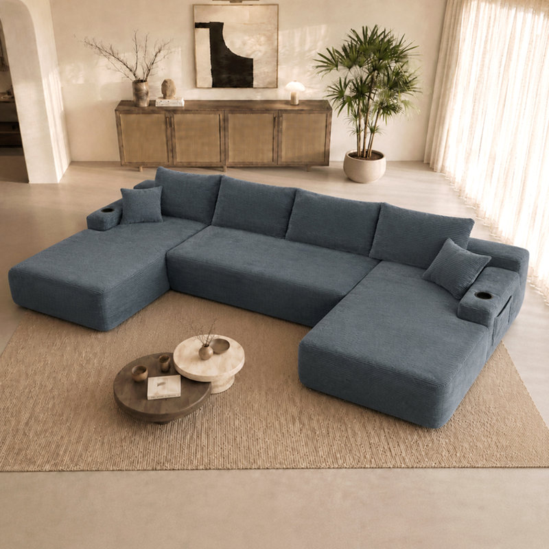 Canapé modulaire 126 po avec méridienne en forme de U, poches latérales et porte-gobelet de 126 po, conception modulaire moderne, assise profonde, canapé rembourré pour le salon / la chambre à coucher, aucun assemblage requis (velours côtelé) Gris
