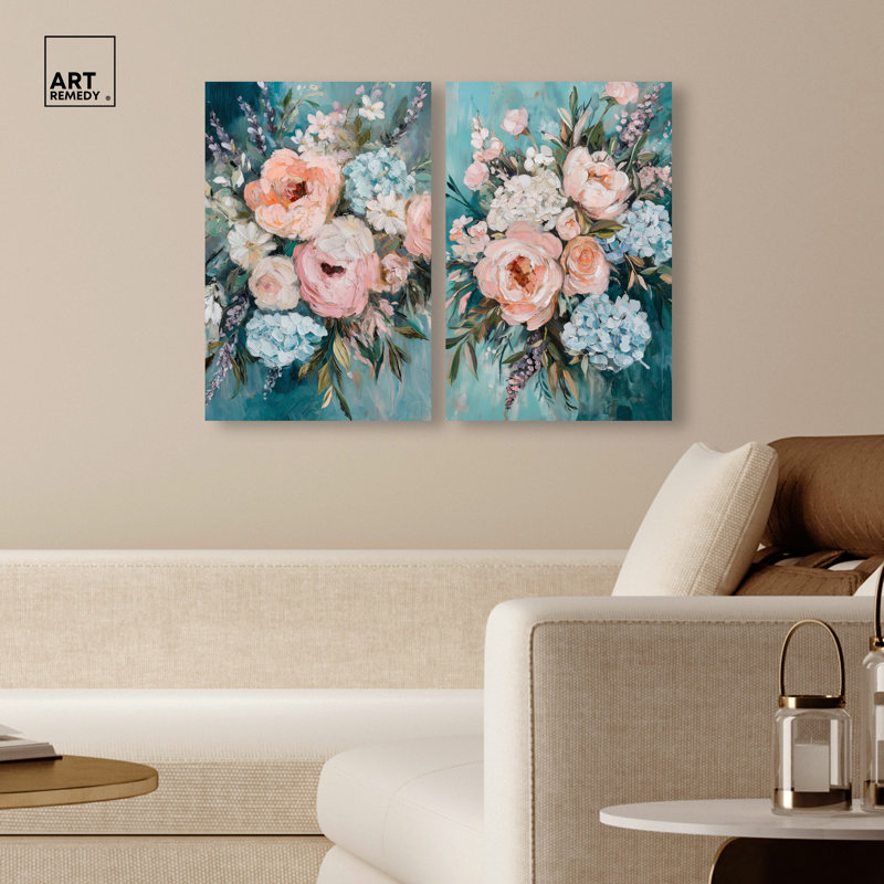 «Dripping in Teal Floral Duo», reproduction d'art sur toile par Art Remedy, tendue sur châssis, 16 x 24, Gallery Wrapped