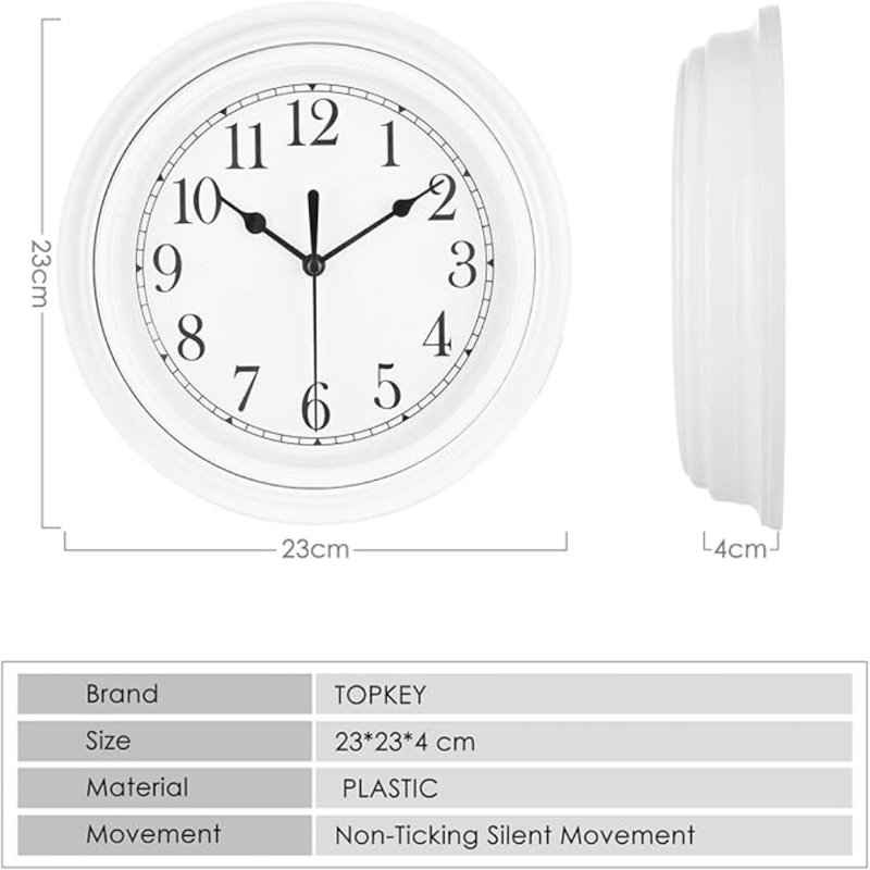Horloge murale silencieuse 9 pouces, Blanc