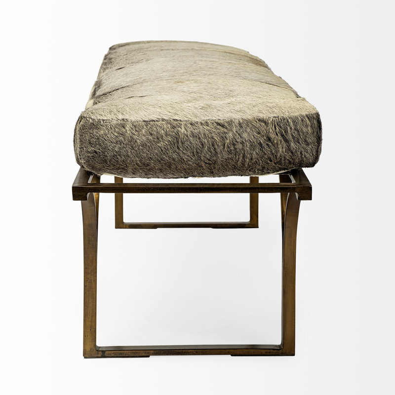 Magnolia Upholstered Bench, Gray Hair on Hide Genuine Leather