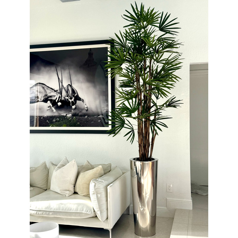 Lady Faux Palm Tree in Metal Planter, Silver, 104" H x 33" W x 33" D