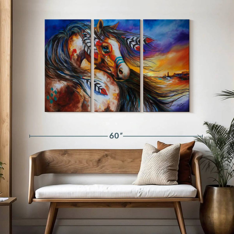 Cheval de guerre indien 5 plumes Brampt, H 32 po x l 50 po