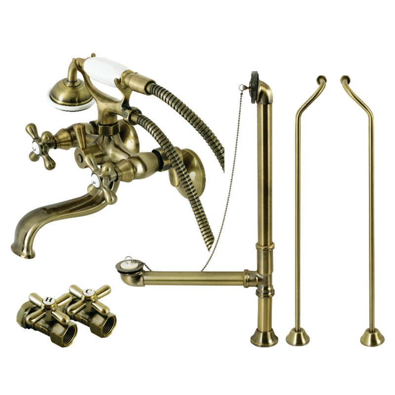 Kingston Brass Vintage Three-Handle 2-Hole Tub Wall Mount Clawfoot Tub Faucet Package with Supply Line, Hand Shower and Tub Drain