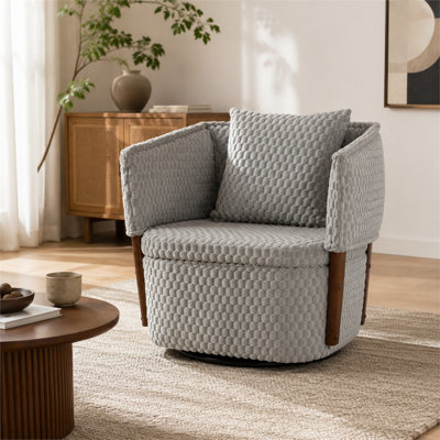 Fauteuil pivotant moderne de style médiéval gris antique avec une structure en bois massif, un espace de rangement et des coussins ; peut être utilisé comme fauteuil de lecture dans les chambres d'amis, les chambres à coucher et les vérandas.