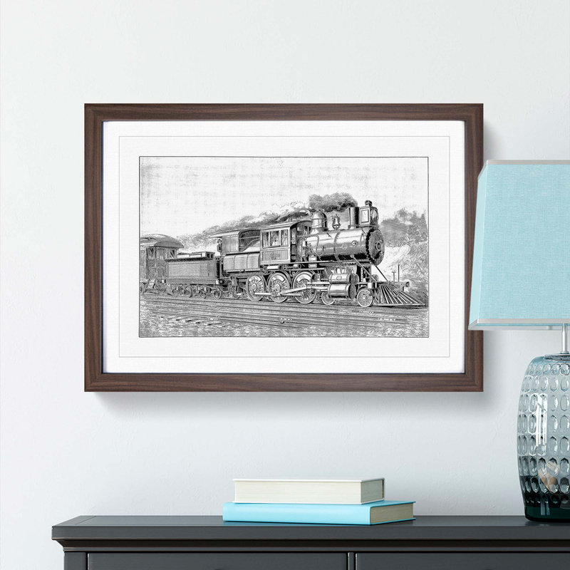 Locomotive Illustration in Black and White - Picture Frame Drawing Print, 27cm H x 36cm W x 2cm D, Walnut Framed