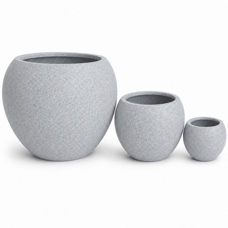 Ensemble de 3 jardinières rondes intérieures / extérieures en polystone lisse, gris, Gris