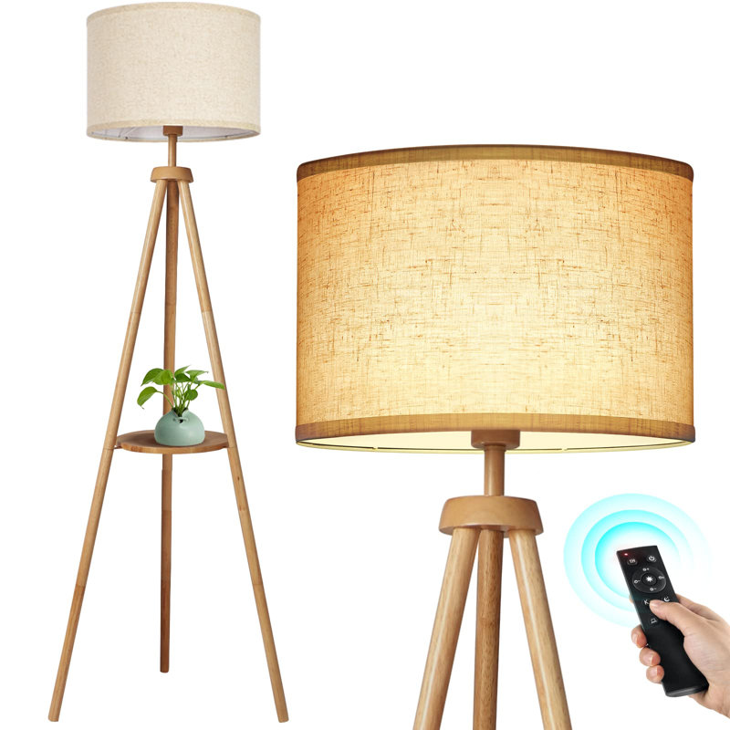 Lampe trépied moderne en bois avec tablettes, télécommande, 63 po de hauteur