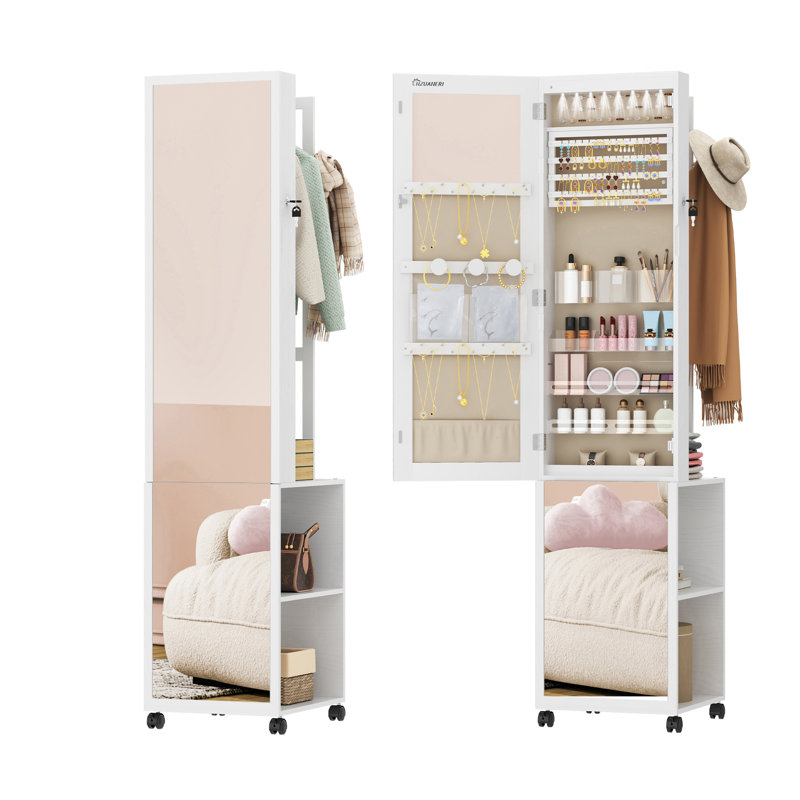 8 LEDs Mirror Jewelry Cabinet Armoire, Jewelry Organizer with Garment Rack, Lockable Full-Length Mirror with 4 Wheels, Storage Shelves with Hooks, 5-in-1, White and Beige 