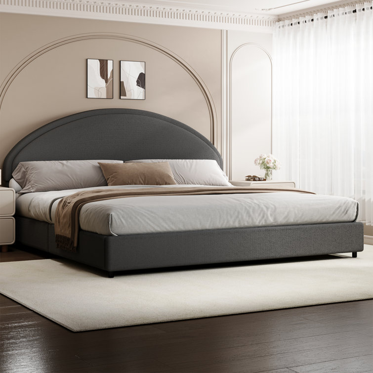 Boucle Upholstered Platform Bed Frame, Soft Bed Frame with Round Headboard, No Box Spring Required