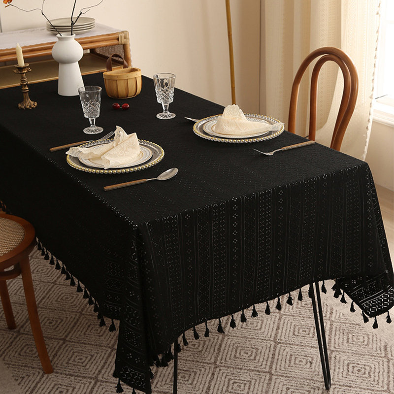 Nappe noire à franges en dentelle rétro, L 87 po
