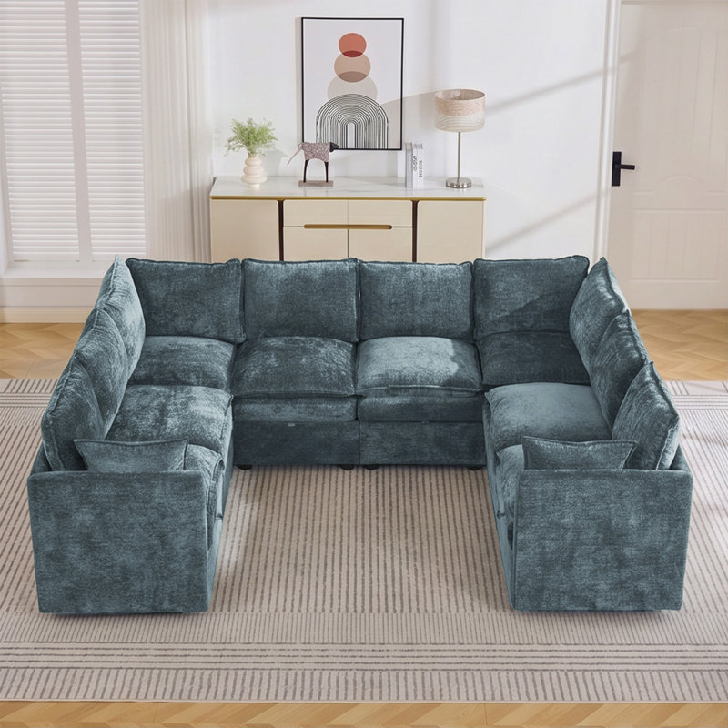 Canapé modulaire surdimensionné surdimensionné avec rangement caché en forme de U, Forme en U, Bleu