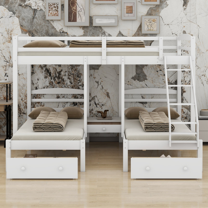 Lit superposé triple moderne avec tiroirs de rangement, structure de lit superposé robuste avec échelle