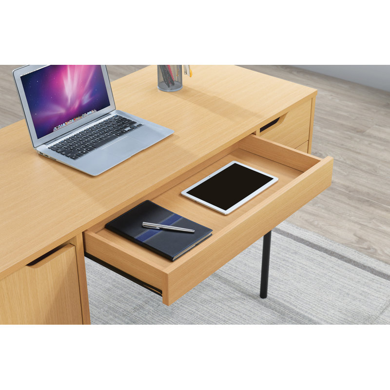 Natural Wood Executive Desk with Drawers and Power Port
