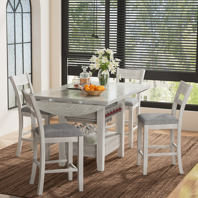 Counter Height Dining Table Set with Chairs, Solid Wood Drop Leaf Kitchen Table with Storage Shelves, 5-Piece Mid-Century Modern Gray Dining Room Table and Chairs Set
