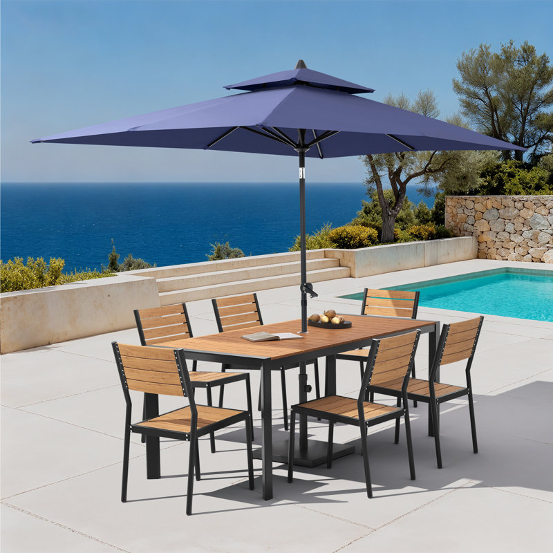 Ensemble repas pour 6 personnes en aluminium avec chaises empilables, parasol de patio et base lestée, Marine, Brun