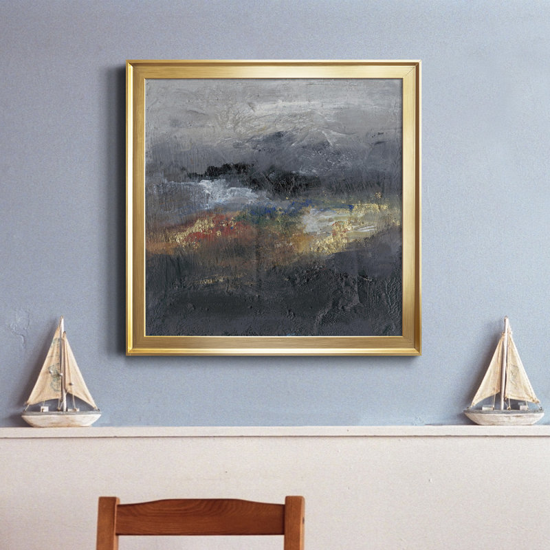 Montagnes dans la brume III - Toile encadrée de qualité supérieure - prête à être accrochée, Toile avec cadre doré