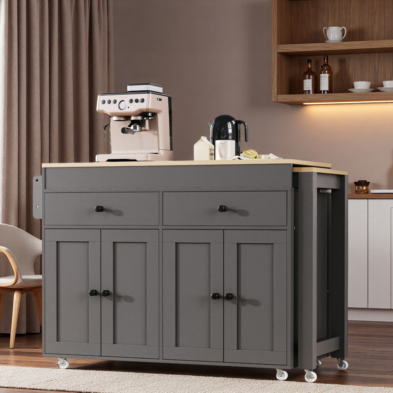 Rolling Kitchen Island With Extendable Dining Table, Spice Rack, 2 Drawers, 4 Door Cabinet And Wheels, Gray
