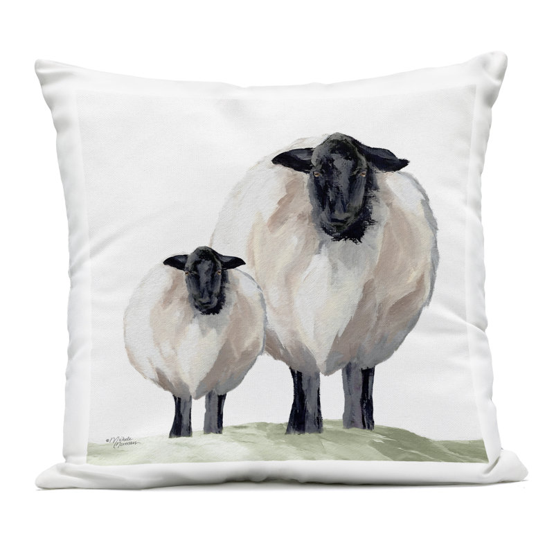 Coussin d'extérieur imprimé mouton et agneau, design par Michele Norman