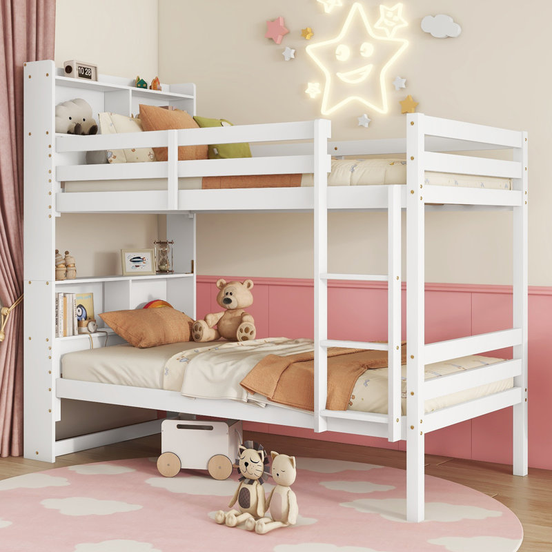 Itiana Twin Over Twin Bunk Bed with Rubber Wood, Shelves Headboard, Safety Guardrails, and Ladder, White