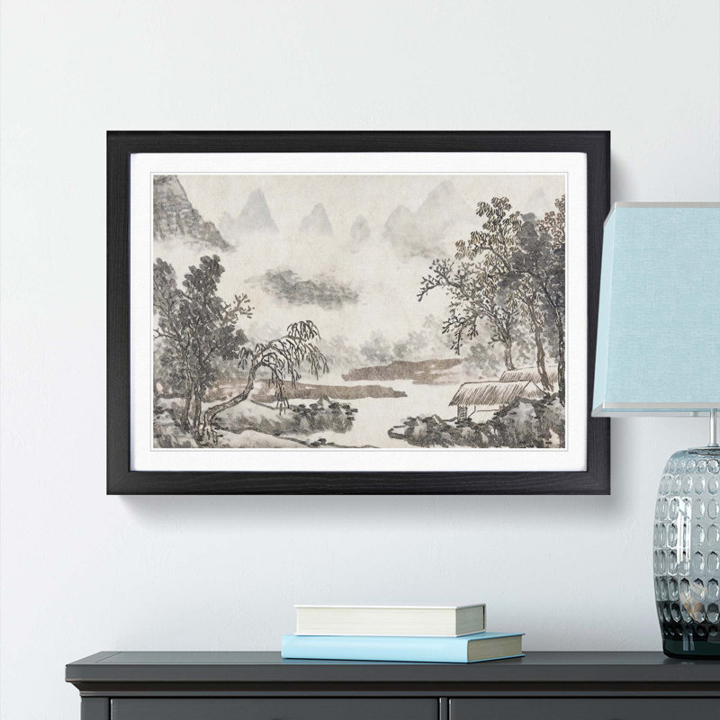 Clouds over the River by Shen Zhou - Picture Frame Painting Print, 36cm H x 48cm W x 2cm D, Black Framed