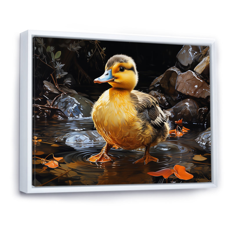 Élégance de l'étang à plumes de canard jaune et noir - canard, art mural, Cadre flottant blanc, H 16 po x l 32 po x P 1 po