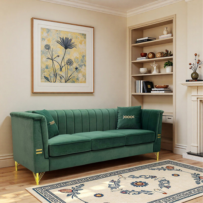 Canapé Chesterfield 3 places moderne avec deux coussins, Vert