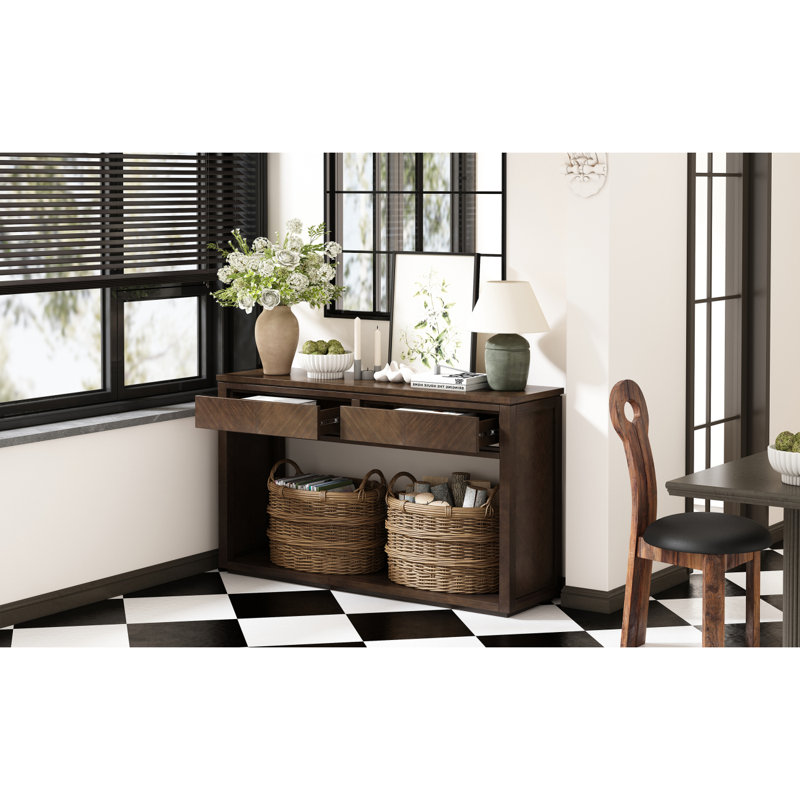55" Console Table, Rustic Wooden Entryway Table With Storage Drawers And Open Shelf, Elegant Sofa Table For Hallway And Living Room
