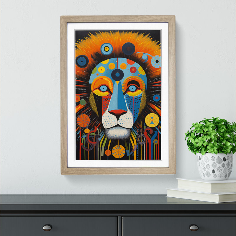 XYZ-FRM-V1223-4254 Lion Constructivism No.2 - Single Picture Frame Print on Wood, Oak, 34cm H x 25cm W x 2cm D