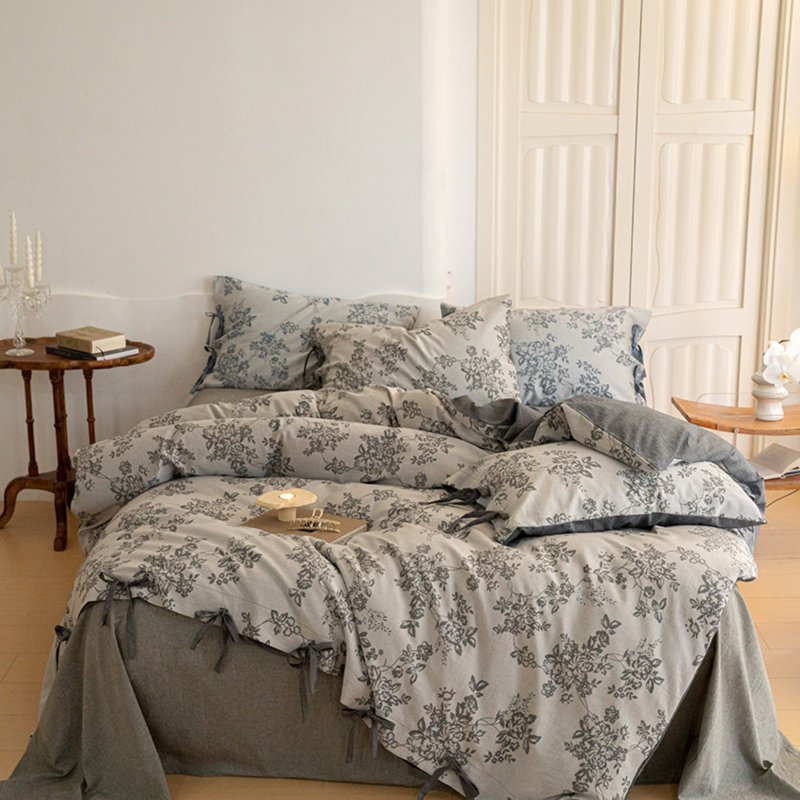 Retro Monet Linen Bowknot Cotton Duvet Cover Set, King Duvet Cover + 2 King Pillowcases, Gray