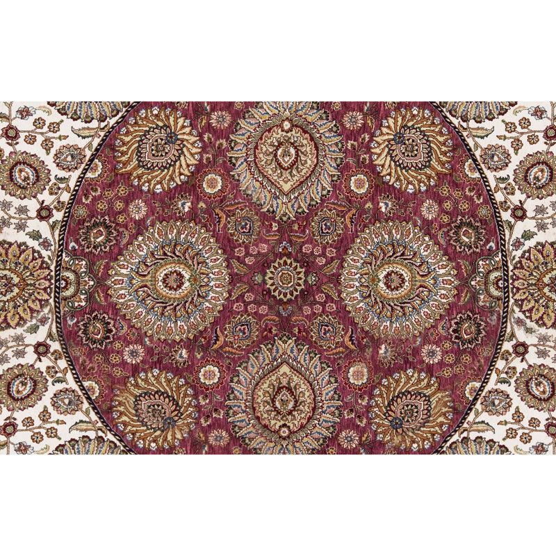 Tapis rond rouge, brun et beige noué à la main de haute qualité