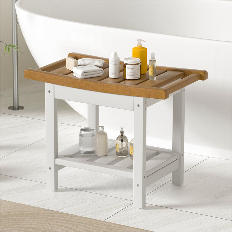 Forevich HDPE Shower Benches 24 X 13 Inch Waterproof Chair With Storage Shelf Poly Stool Seat, Brown/White