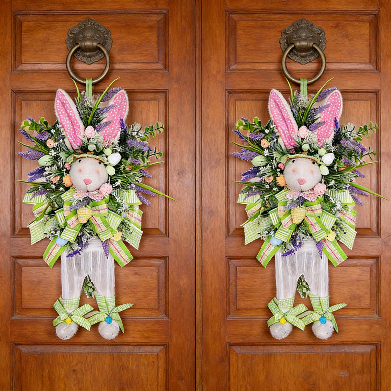2 pièces couronne de lapin de Pâques lavande, couronne de fleurs artificielles en forme de lapin de Pâques avec œufs artificiels colorés et nœud de verdure pour la porte d'entrée