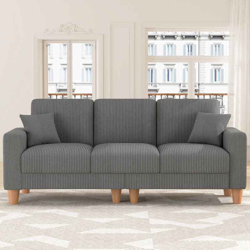 Oversize Sofa 256cm Corduroy Sofa with 3 Seats, No Tool Assembly,Solid Wood Frame and Solid Wood Legs, Grey