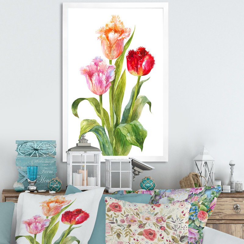 Tulipe rose, orange et rouge - décoration murale traditionnelle sur toile, H 32 po x l 16 po x P 1 po