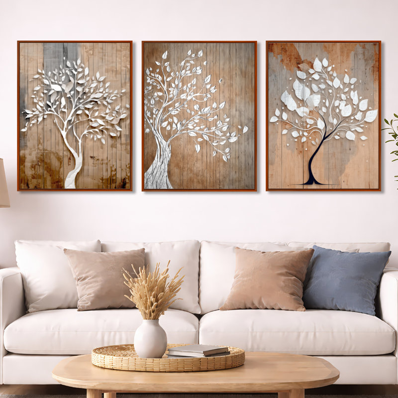 Arbre blanc de la vie sur bois - Décoration murale encadrée 3 panneaux, H 32 po x l 72 po, Cadre flottant brun