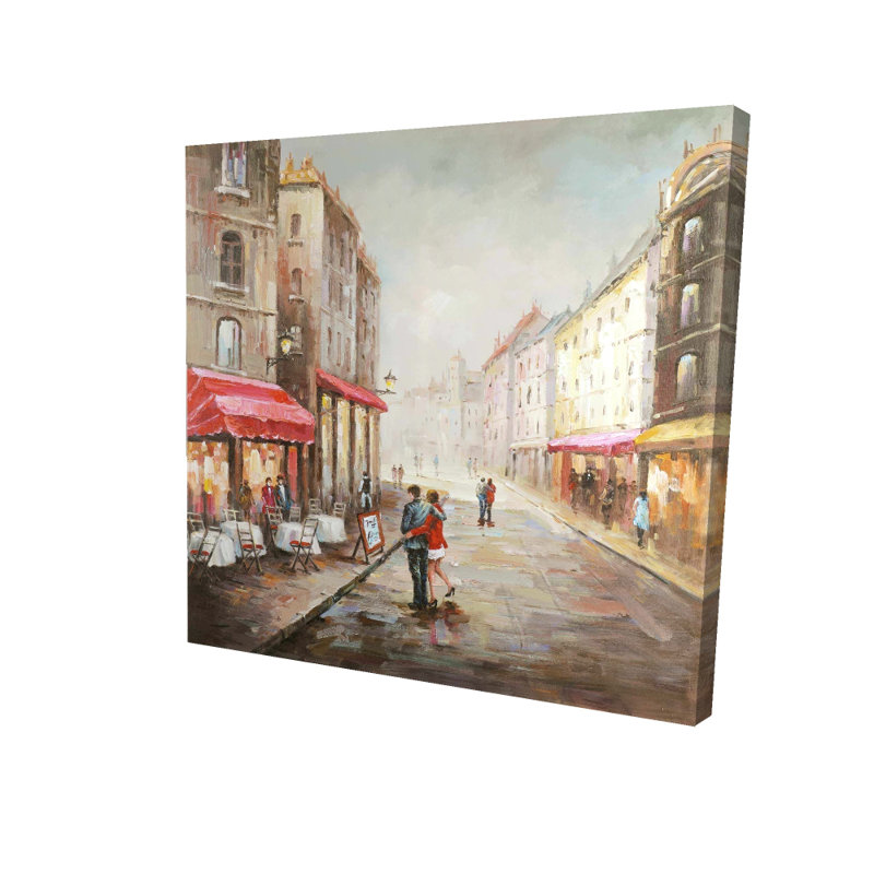 Couple qui marche près de la terrasse - bâtiment rouge, art sur toile