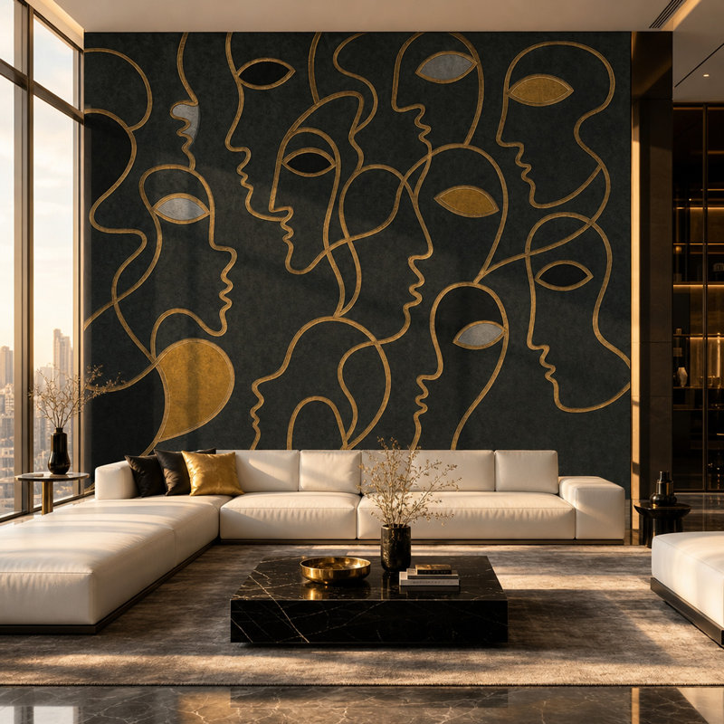 Abstrait visages de papier peint ligne dorée murale moderne amovible, 160 po x 108 po, Peler et coller