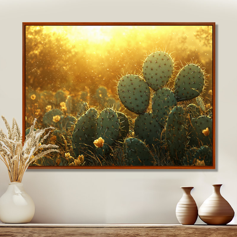 Marisca cactus dans la lumière dorée I - art mural cactus, 16" H x 32" W, Floater Framed, Brun