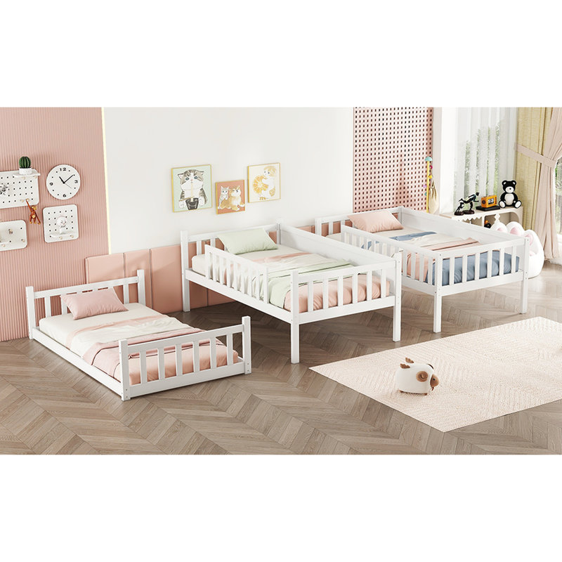 Lit simple superposé simple en bois d'hévéa blanc détachable avec échelles et barrières de sécurité pour chambre à coucher, taille triple, fabriquée en