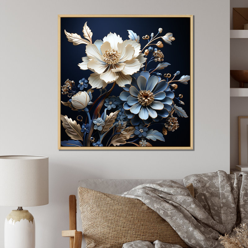 Impression moderne bleu et blanc sur bleuets - I, Cadre naturel flottant, H 36 po x l 36 po x P 1,5 po