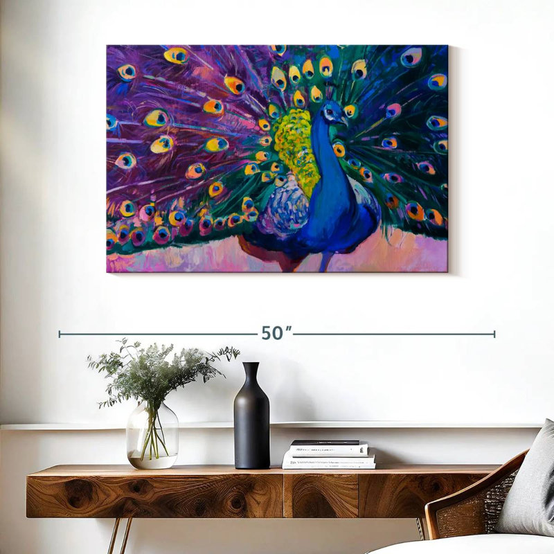 Paon éblouissant sur toile, H 26 po x l 39 po x P 1,25 po