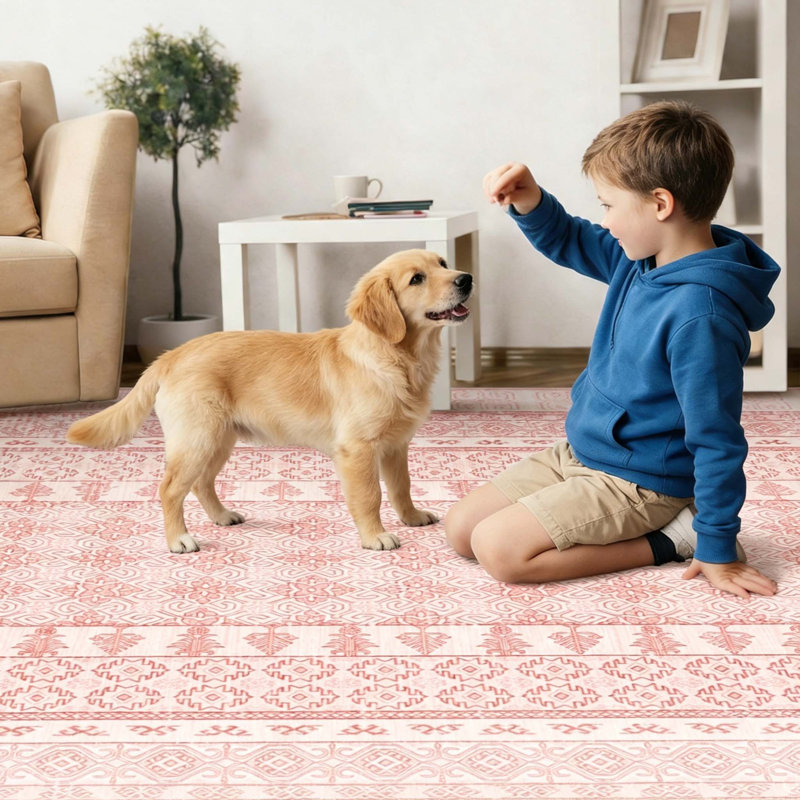 Tapis à bordure géométrique lavable à la machine, Rose, 10 x 13 pi