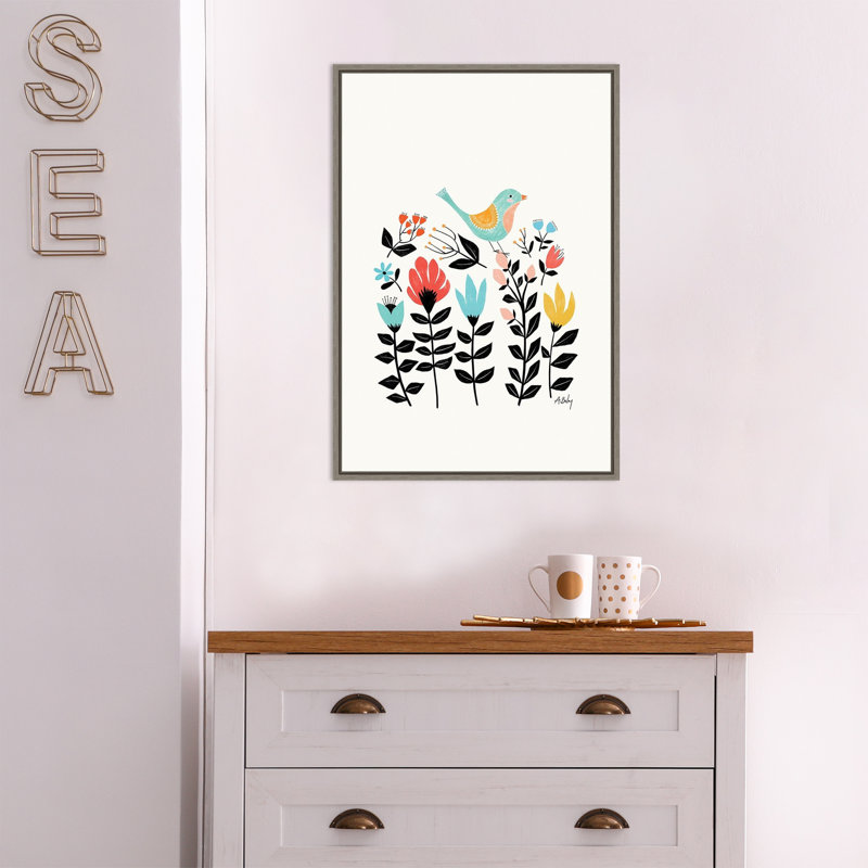 «Folk Art Garden (Bird)» par Annie Bailey - cadre flottant, reproduction d'art sur toile, gris