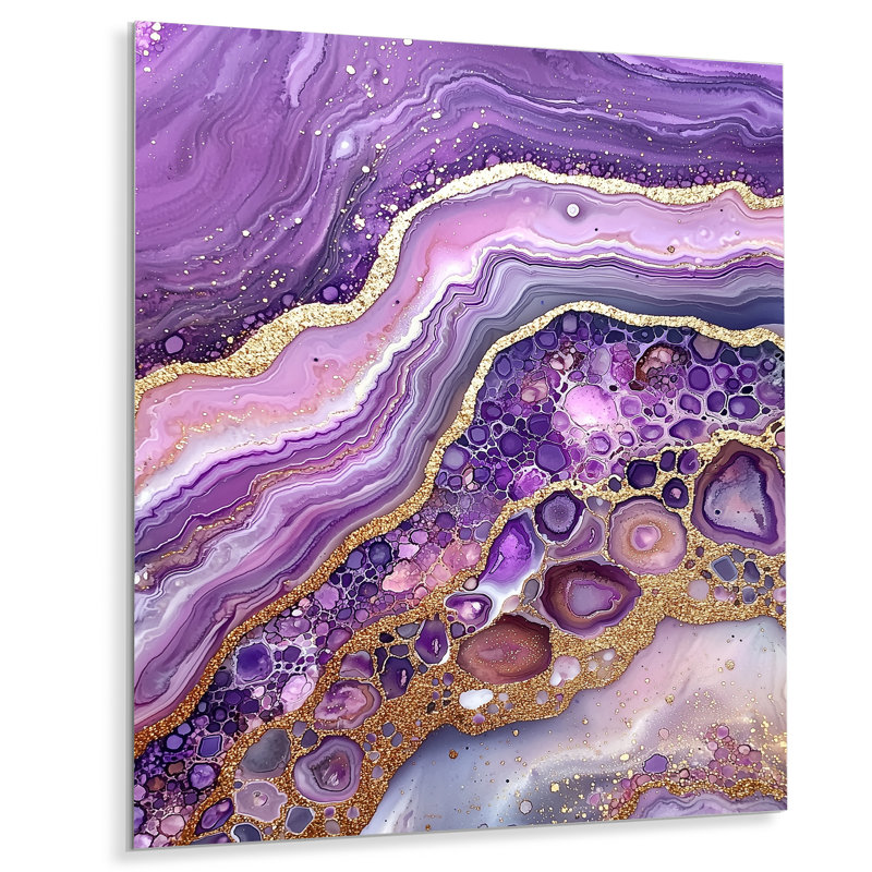 Abstrait marbre mauve doré et pierre d'améthyste II - paysages, art mural en métal, impression de géode