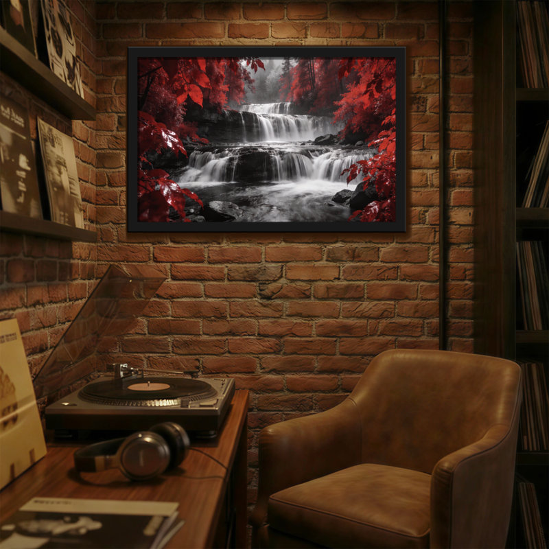 «Plants & Flowers Red Leaves Waterfall Forest Nature Scene», reproduction d'art, H 12 po x l 18 po