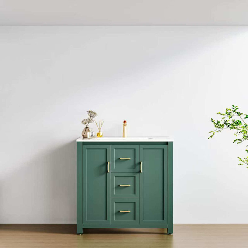 Élégant meuble-lavabo vert de 36 pouces avec lavabo en céramique et rangement multifonctionnel