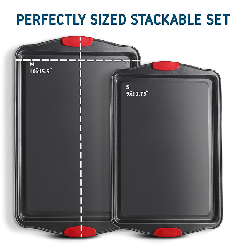 JoyTable Nonstick Carbon Steel Cookie Sheet Set with Red Silicone Handles