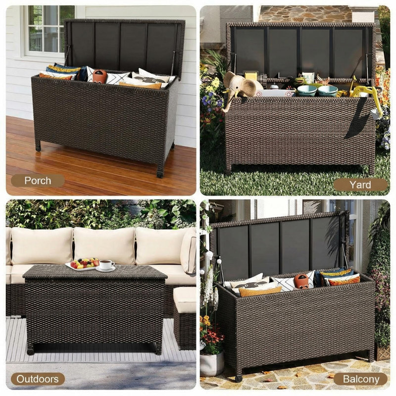 120 Gallon Large Outdoor Deck Storage Box – Waterproof PE Rattan Chest with Gas Strut & Lockable Lid, Durable Patio Bench for Cushions, Garden Tools, Pool Supplies – All-Weather Brown Wicker Finish