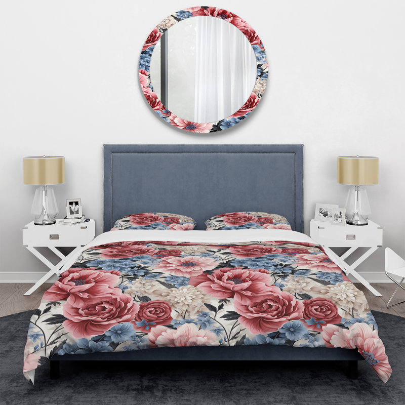 Ensemble de housse de couette à motif floral rose et bleu, Housse de couette pour grand lit et 2 taies décor