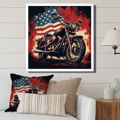 Red Blue Motorcycle American Flag Background - Transportation Wall Decor